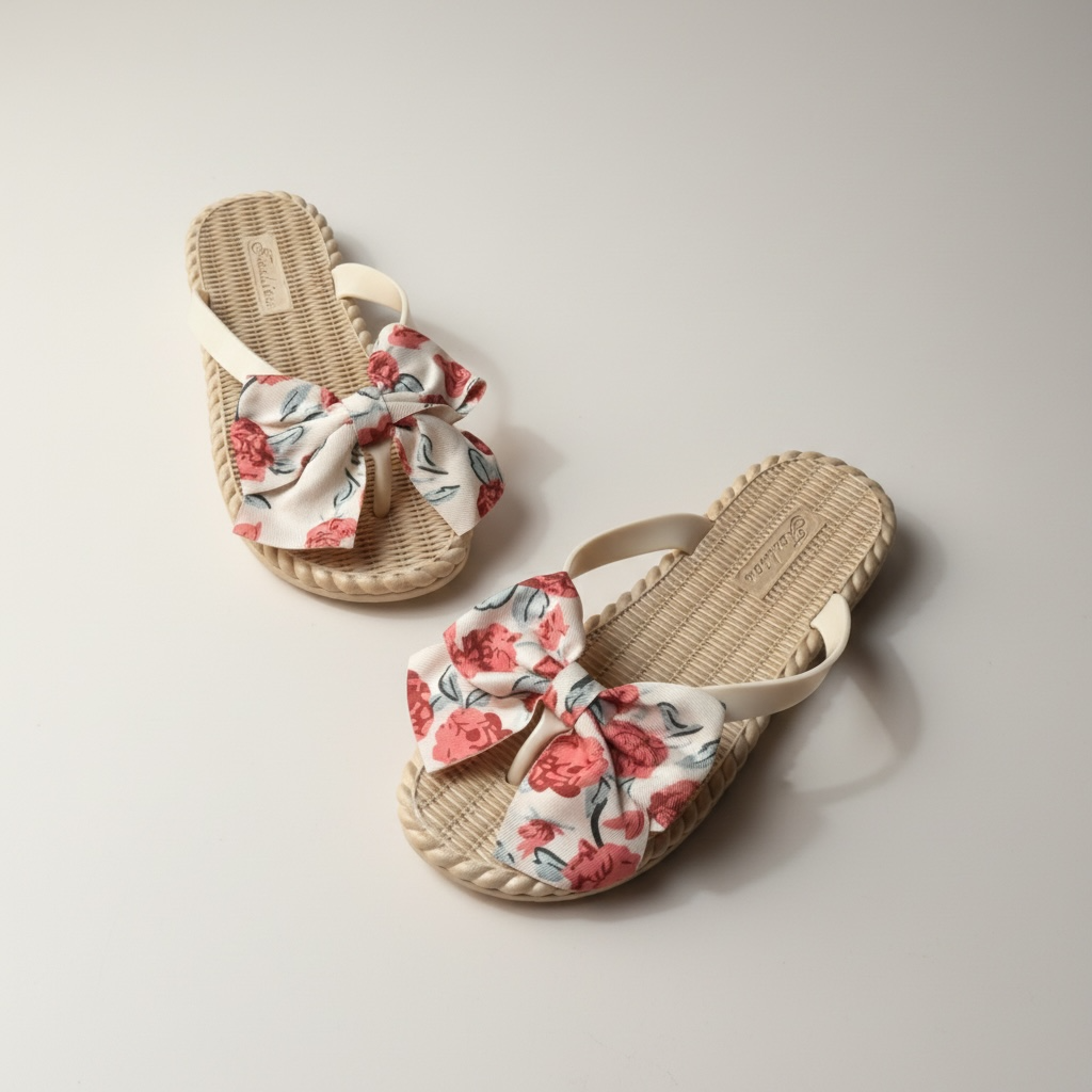 Printed bow flipflop-beige