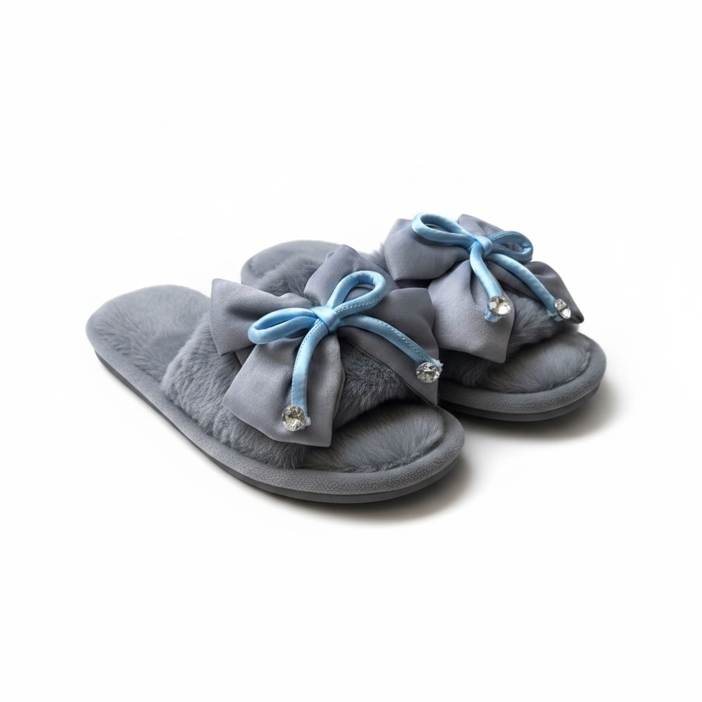Bow tie fur slides grey