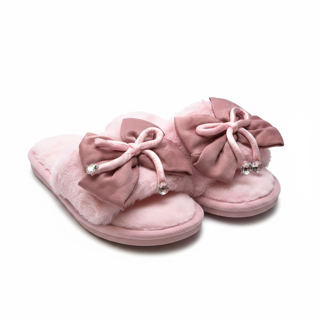 Bow tie fur slides pink
