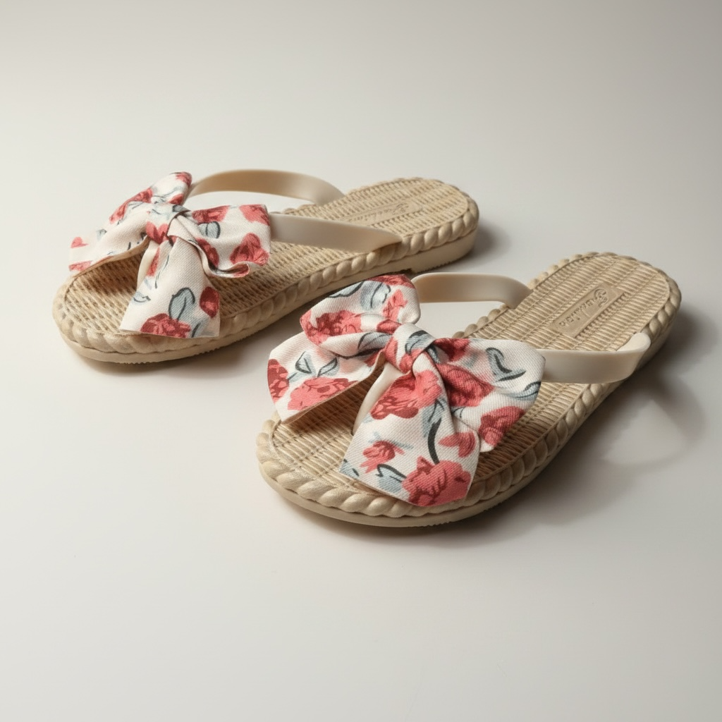 Printed bow flipflop-beige
