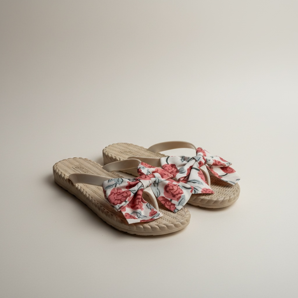 Printed bow flipflop-beige