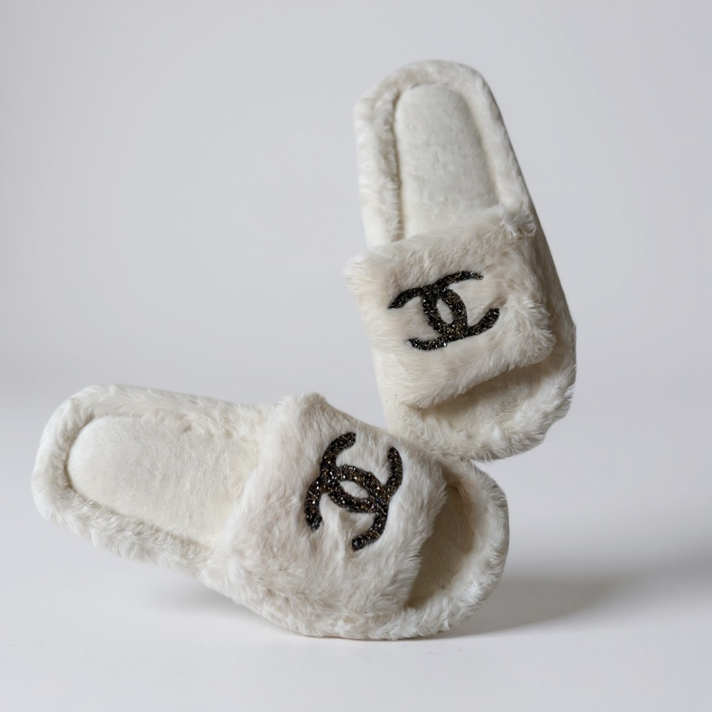 Chanel white fur slides