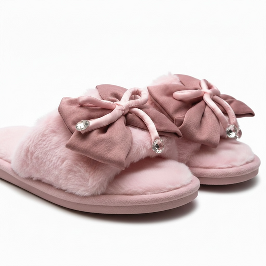 Bow tie fur slides pink