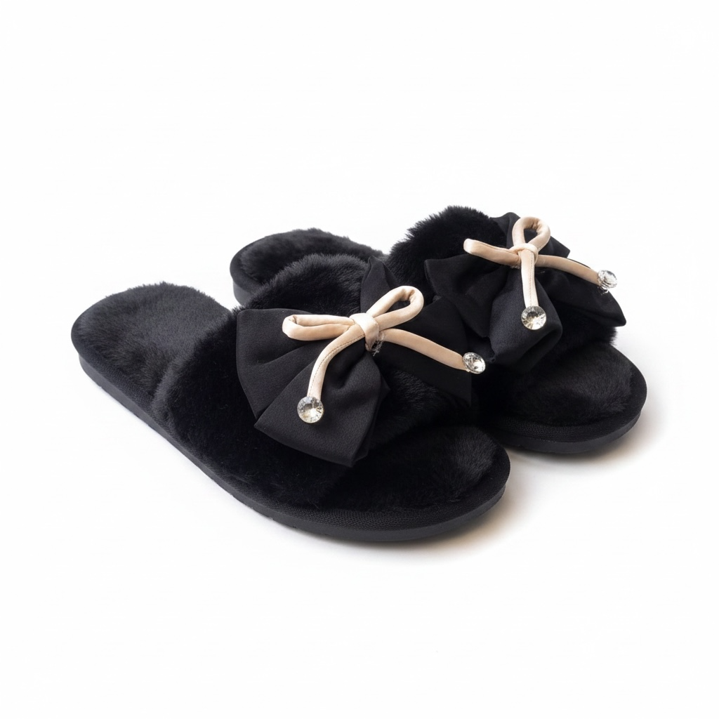 Bow tie fur slides black